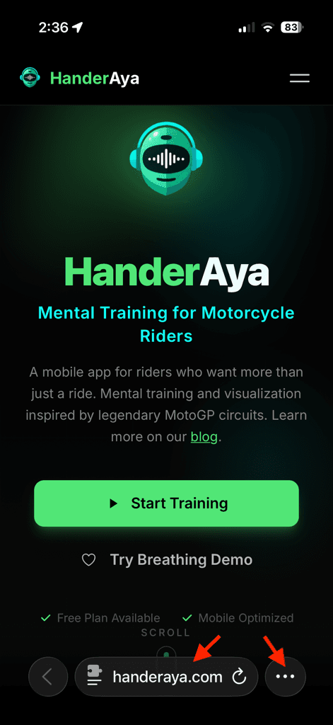 iPhone Safari open on the HanderAya homepage, ready to be added to the home screen.