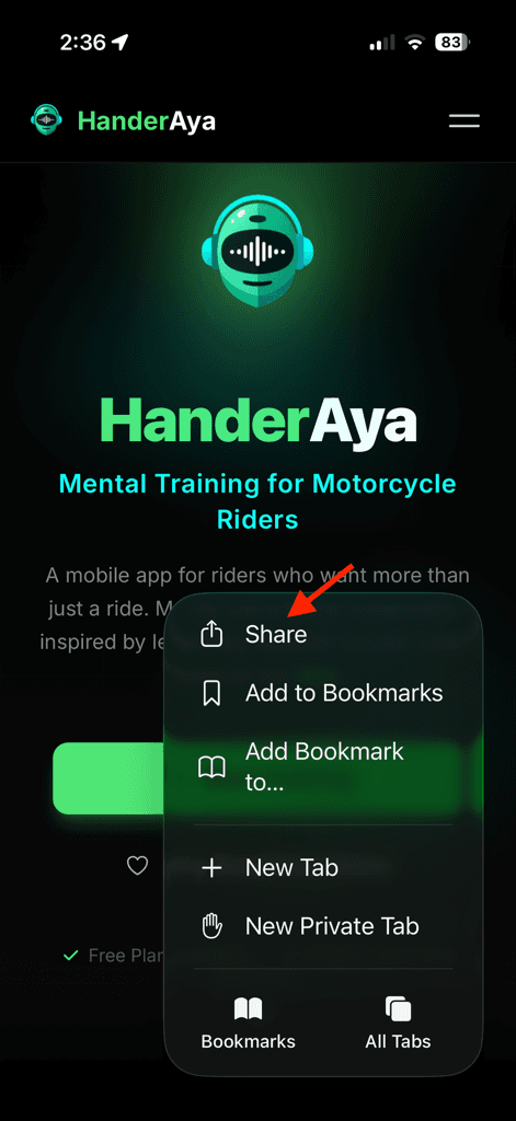 iOS share sheet opened from Safari on the HanderAya site with the Add to Home Screen action highlighted.