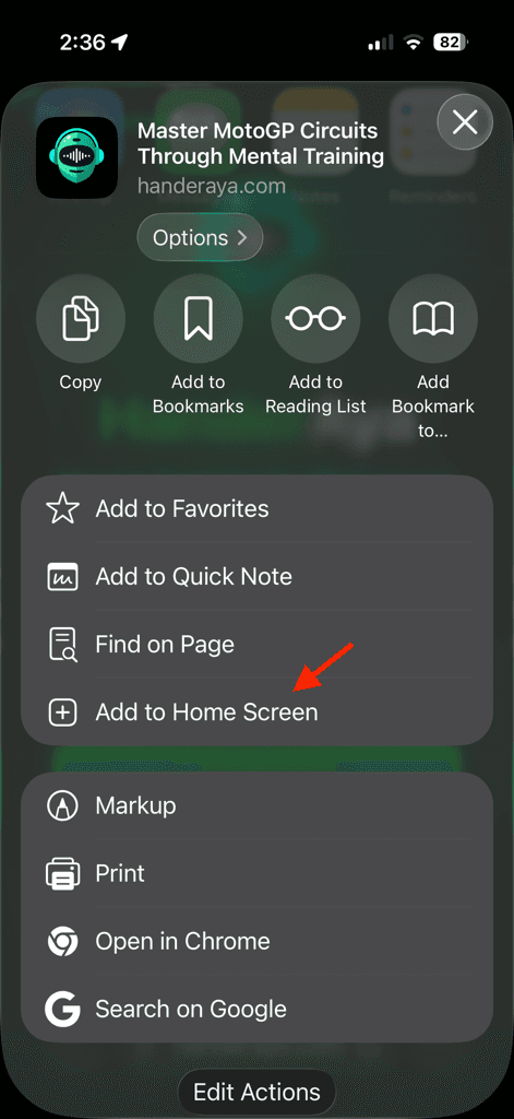iOS Add to Home Screen dialog for HanderAya with the app icon, name and Add button.