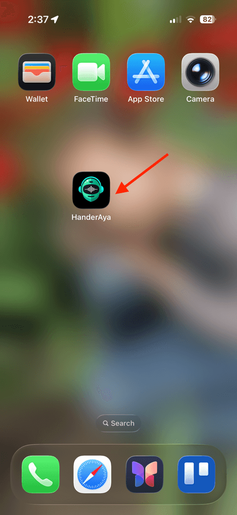 iPhone home screen with the HanderAya app icon ready to be launched.