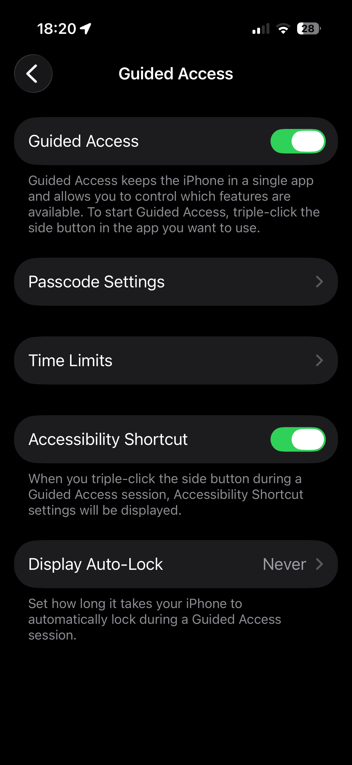 Guided Access settings screen on iOS with the toggle enabled, Passcode Settings, Time Limits, Accessibility Shortcut, and Display Auto-Lock set to Never.